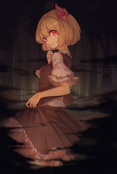 Anime picture 672x993 with touhou rumia ibuki notsu single tall image fringe short hair blonde hair smile red eyes standing holding looking back from behind short sleeves finger to mouth girl skirt skirt set