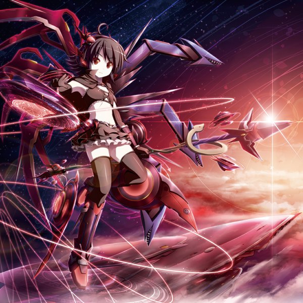 Anime picture 1100x1100 with touhou houjuu nue akashio (loli ace) single short hair red eyes magic girl thighhighs gloves black thighhighs wings elbow gloves star (stars) snake magic circle