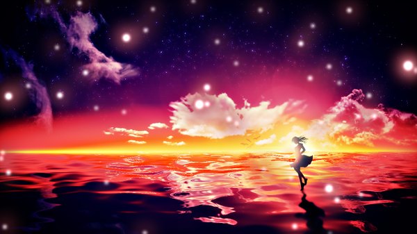Anime picture 1280x720 with original asuka single long hair wide image sky cloud (clouds) evening sunset glow silhouette girl skirt water