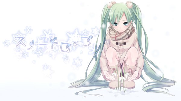 Anime picture 1920x1080 with vocaloid hatsune miku sama (artist) single long hair blush highres simple background wide image white background sitting twintails very long hair aqua eyes green hair light smile hieroglyph squat girl flower (flowers)