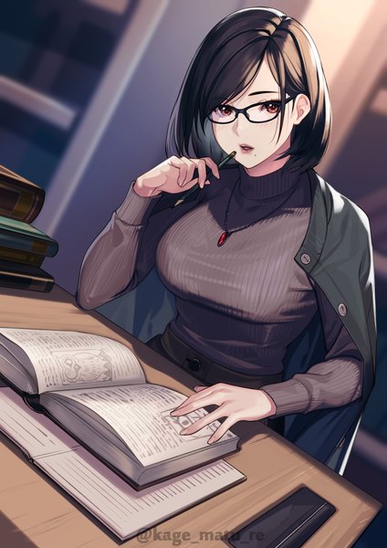 Anime picture 1736x2456 with original kagematsuri single tall image looking at viewer fringe highres short hair black hair sitting holding brown eyes signed indoors long sleeves parted lips lips blurry mole dutch angle