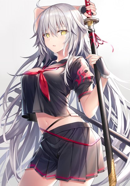 Anime picture 867x1242 with fate (series) fate/grand order jeanne d'arc (fate) (all) jeanne d'arc alter (fate) rin yuu single tall image looking at viewer blush fringe breasts open mouth simple background hair between eyes large breasts standing holding yellow eyes payot silver hair