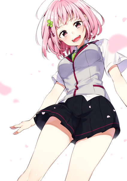 Anime picture 1157x1637 with original sakuragi ren single tall image looking at viewer blush fringe short hair breasts open mouth simple background standing white background pink hair ahoge :d pleated skirt pink eyes blurry teeth
