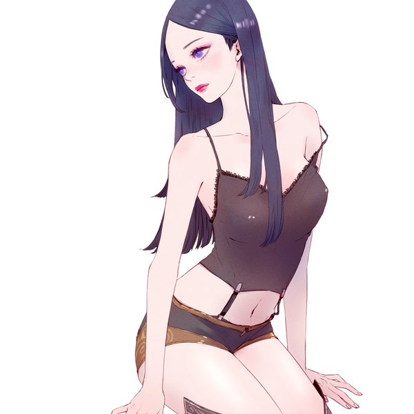 Anime picture 1748x1748 with league of legends caitlyn (league of legends) heather37 single long hair highres blue eyes simple background white background sitting blue hair looking away lipstick strap slip red lipstick girl navel shorts short shorts tank top