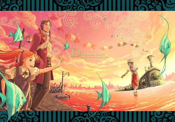 Аниме картинка 1100x770 с оригинальное изображение akru (artist) длинные волосы короткие волосы чёрные волосы каштановые волосы зелёные глаза небо облако (облака) оранжевые волосы надпись девушка мужчина вода рыба (рыбы) фонарь поезд