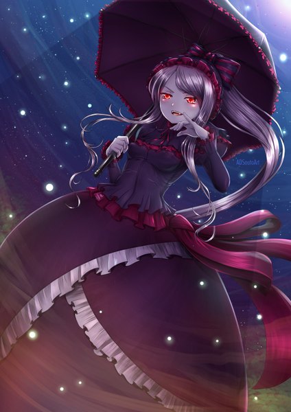Anime picture 1240x1754 with overlord (maruyama) madhouse shalltear bloodfallen adsouto single long hair tall image blush fringe breasts open mouth red eyes signed payot looking away silver hair outdoors ponytail night from below