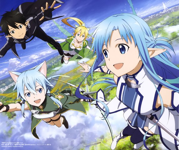 Anime picture 3437x2892 with sword art online a-1 pictures yuuki asuna kirigaya kazuto asada shino leafa takata akira long hair highres short hair open mouth blue eyes black hair blonde hair smile red eyes multiple girls green eyes animal ears absurdres