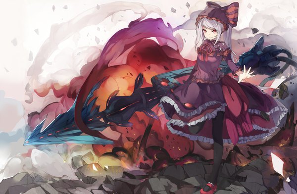 Anime picture 1800x1178 with overlord (maruyama) madhouse shalltear bloodfallen mitu yang single long hair looking at viewer fringe highres red eyes payot full body white hair ponytail outstretched arm frilled dress rock vampire girl thighhighs