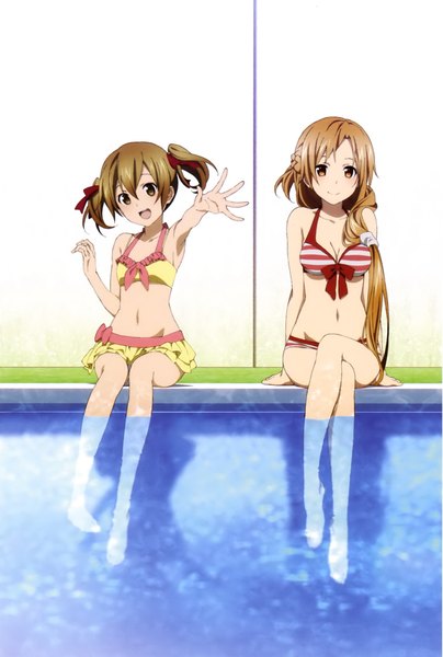 Anime picture 1520x2254 with sword art online a-1 pictures yuuki asuna silica nakamura naoto long hair tall image blush short hair open mouth light erotic brown hair twintails multiple girls brown eyes scan official art crossed legs short twintails girl