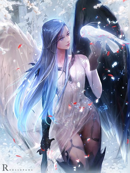 Anime picture 700x933 with original rossdraws (ross tran) single long hair tall image light erotic standing purple eyes holding signed blue hair looking away outdoors parted lips wind realistic mole mole under eye gradient hair snow
