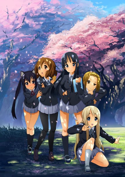 Anime picture 1000x1413 with k-on! kyoto animation akiyama mio hirasawa yui nakano azusa kotobuki tsumugi tainaka ritsu diamond dust long hair tall image blush short hair open mouth blue eyes black hair blonde hair smile brown hair twintails purple eyes