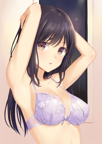 Anime picture 2894x4093 with original n.g. single long hair tall image looking at viewer blush fringe highres breasts open mouth light erotic black hair hair between eyes large breasts brown eyes payot cleavage upper body indoors
