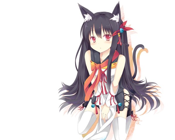 Anime picture 1596x1277 with original nibiiro shizuka single long hair blush fringe simple background red eyes white background sitting animal ears tail cat ears cat girl cat tail girl thighhighs hair ornament detached sleeves white thighhighs