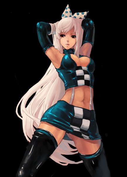 Anime picture 2458x3404 with dungeon and fighter qbspdl single long hair tall image highres breasts open mouth light erotic simple background red eyes large breasts looking away white hair armpit (armpits) black background arms behind head girl thighhighs gloves