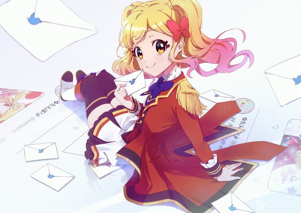 Anime picture 3541x2508 with aikatsu! aikatsu stars! twitter nijino yume supersaiazin-kanako single long hair looking at viewer highres blonde hair smile sitting twintails holding yellow eyes absurdres full body looking back arm support girl