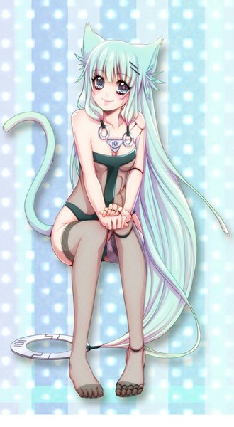 Anime picture 622x1130 with original eos kishishiotani single tall image looking at viewer blush breasts blue eyes light erotic sitting bare shoulders animal ears tail very long hair animal tail cat ears aqua hair cat tail girl