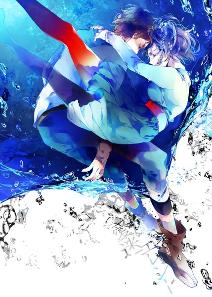Anime picture 1000x1399 with vocaloid reika (artist) tall image fringe short hair breasts brown hair purple hair eyes closed profile pleated skirt eyebrows face to face girl boy skirt hair ornament water pants