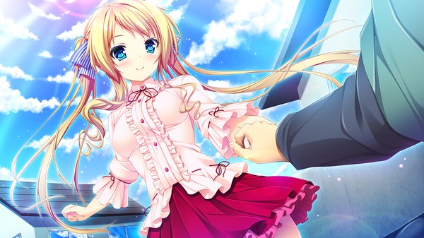 Anime picture 1280x720 with harvest overray giga mikami lilia long hair blush blue eyes blonde hair smile wide image twintails payot game cg sky cloud (clouds) outdoors dutch angle holding hands gradient hair frilly skirt pov