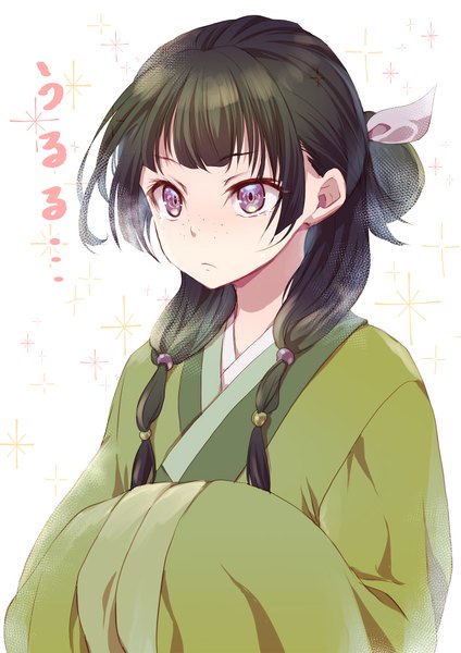 Anime picture 707x1000 with kusuriya no hitorigoto maomao (kusuriya no hitorigoto) yue (lov n n) single long hair tall image black hair white background purple eyes looking away upper body traditional clothes inscription hair bun (hair buns) chinese clothes hands in sleeves freckles girl ribbon (ribbons) hair ribbon