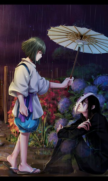 Anime picture 1300x2178 with spirited away studio ghibli haku (spirited away) no face (spirited away) see (ruru go) long hair tall image short hair black hair standing sitting green eyes signed profile green hair multiple boys couple rain face to face mask on head