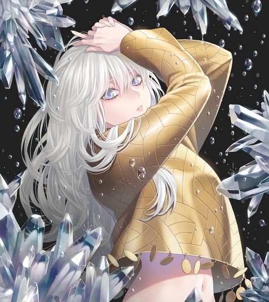 Anime picture 1069x1200 with original minami (minami373916) single long hair tall image looking at viewer fringe blue eyes simple background hair between eyes standing silver hair upper body long sleeves parted lips lips arms up black background hand on head girl