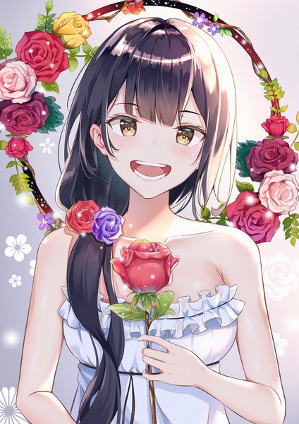 Anime picture 1500x2121 with original mobu (wddtfy61) single long hair tall image looking at viewer blush fringe breasts open mouth black hair simple background smile bare shoulders holding yellow eyes :d hair flower teeth sleeveless