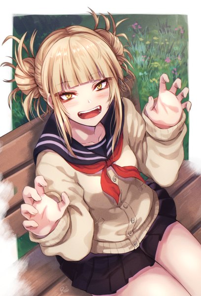Anime picture 680x1000 with boku no hero academia studio bones toga himiko re (re 09) single tall image looking at viewer blush fringe short hair open mouth blonde hair smile sitting signed yellow eyes payot outdoors blunt bangs long sleeves