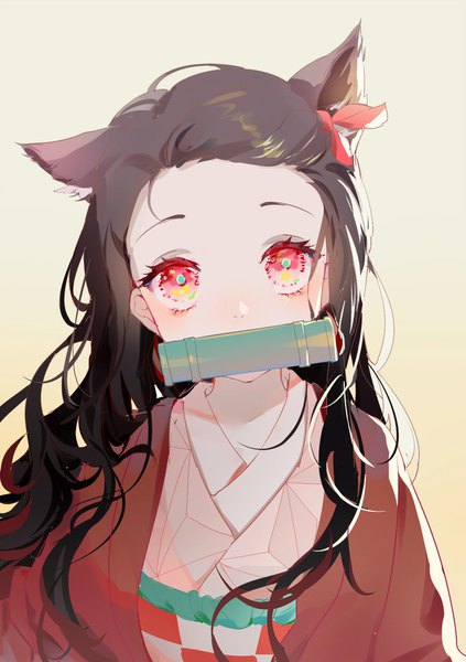 Anime picture 1200x1700 with kimetsu no yaiba ufotable kamado nezuko whiteshirt single long hair tall image looking at viewer simple background red eyes brown hair animal ears upper body traditional clothes japanese clothes yellow background kemonomimi mode cute girl ribbon (ribbons)