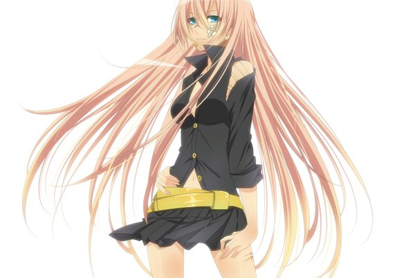 Anime picture 1500x1009 with vocaloid megurine luka sama (artist) single long hair blue eyes simple background white background pink hair pleated skirt hand on hip torn clothes twisty sleeves bandaid on face girl miniskirt shirt belt blood bandaid