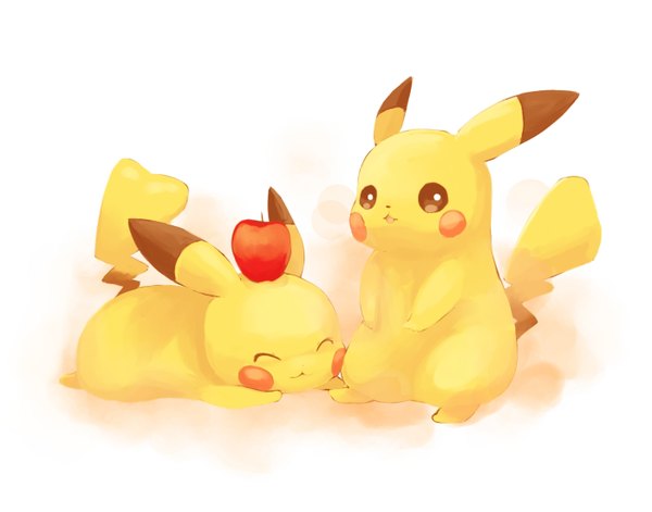 Anime picture 1400x1100 with pokemon nintendo pikachu simple background white background brown eyes lying eyes closed happy gen 1 pokemon animal apple