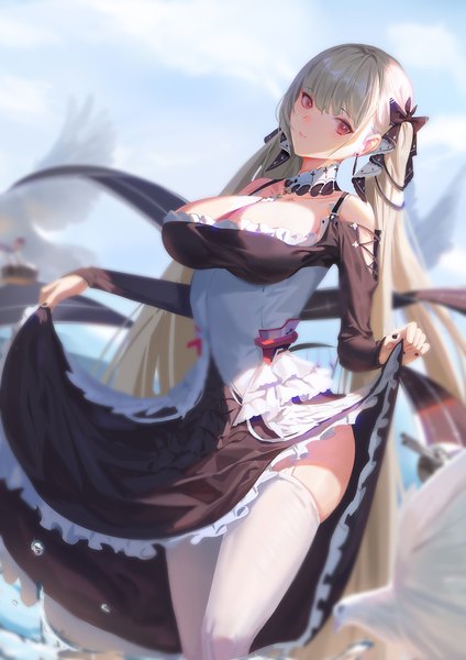 Anime picture 1000x1414 with azur lane formidable (azur lane) dongfangzhong111 single tall image looking at viewer blush fringe breasts light erotic red eyes large breasts standing twintails cleavage blunt bangs very long hair nail polish fingernails grey hair