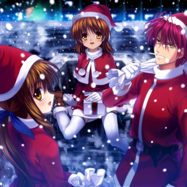 Anime picture 1000x1000 with clannad key (studio) furukawa nagisa furukawa sanae furukawa akio mutsuki (moonknives) long hair blush short hair open mouth brown hair multiple girls yellow eyes red hair profile looking back blurry depth of field fur trim snowing