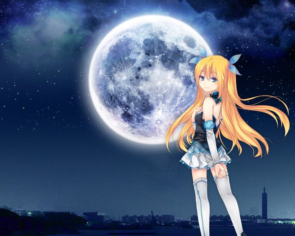 Anime picture 1280x1024 with microsoft aizawa hikaru long hair blue eyes blonde hair looking back night girl thighhighs detached sleeves white thighhighs moon star (stars)