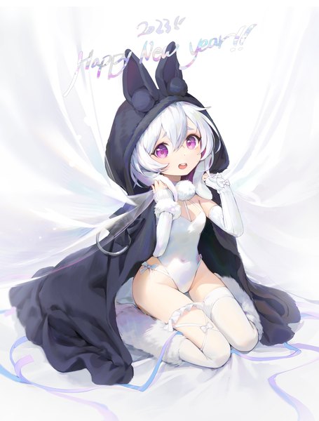 Anime picture 2659x3508 with original hansum single tall image fringe highres short hair open mouth light erotic hair between eyes sitting purple eyes animal ears silver hair :d bunny ears wariza new year happy new year animal hood