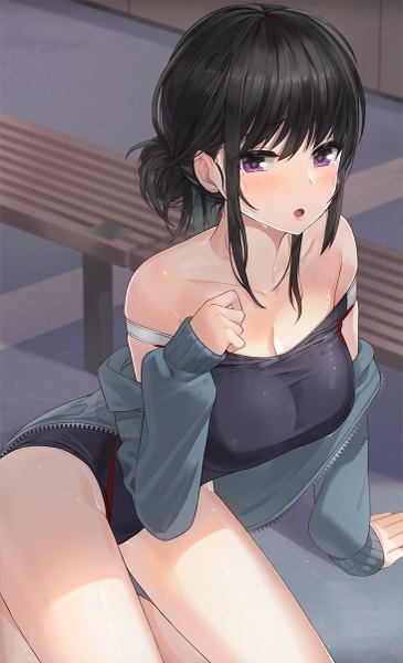 Anime picture 731x1200 with original kfr single tall image looking at viewer blush fringe short hair breasts open mouth light erotic black hair hair between eyes large breasts sitting purple eyes bare shoulders payot cleavage indoors