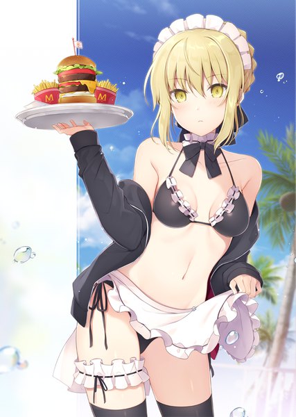 Anime picture 600x842 with fate (series) fate/grand order mcdonald's artoria pendragon (all) artoria pendragon (alter swimsuit rider) (fate) 6u (eternal land) single tall image looking at viewer blush fringe short hair breasts light erotic blonde hair hair between eyes standing bare shoulders yellow eyes payot