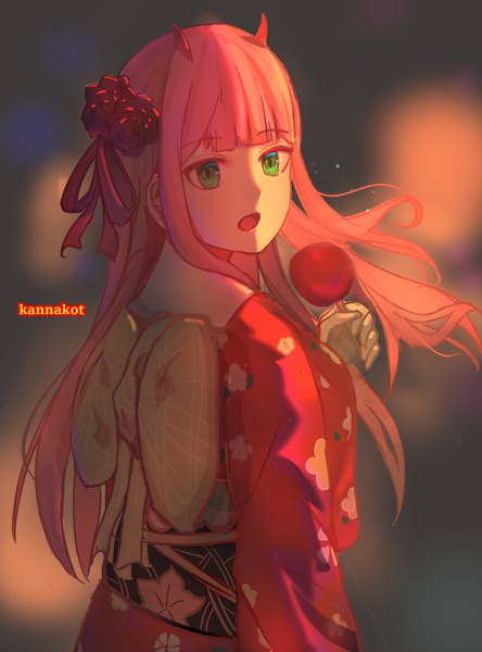 Anime picture 888x1200 with darling in the franxx studio trigger zero two (darling in the franxx) kannakot single long hair tall image looking at viewer fringe open mouth standing holding green eyes signed payot pink hair outdoors blunt bangs traditional clothes japanese clothes