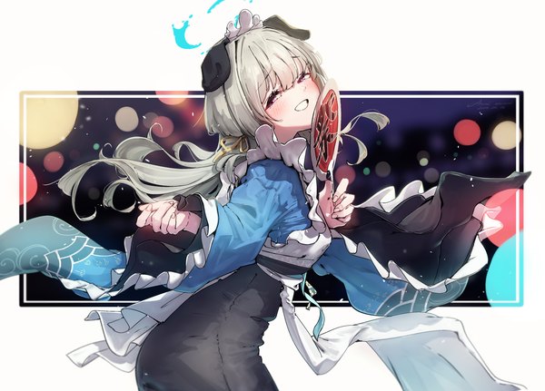 Anime-Bild 3190x2292 mit blue archive umika (blue archive) amamami prime single long hair looking at viewer blush highres smile purple eyes animal ears absurdres traditional clothes japanese clothes grey hair grin outside border dog ears wa maid girl