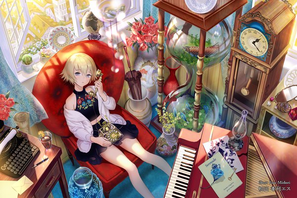 Anime picture 1680x1120 with original midori foo single looking at viewer blush fringe short hair blonde hair hair between eyes sitting purple eyes holding signed indoors parted lips from above off shoulder open clothes city floral print