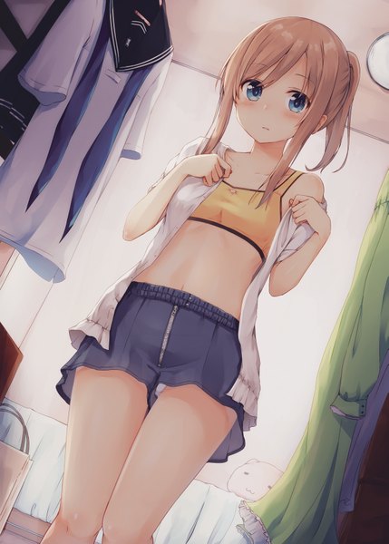Anime picture 2589x3623 with original tsuchikure (3105mitoko) single long hair tall image blush highres open mouth blue eyes light erotic brown hair payot looking away bent knee (knees) ponytail off shoulder dutch angle undressing knees touching girl