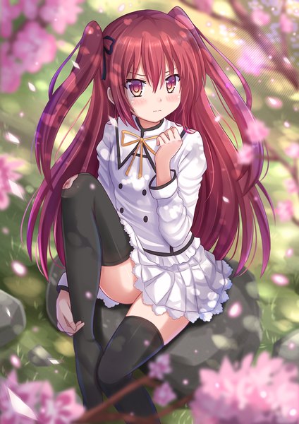 Anime-Bild 964x1364 mit seirei tsukai no blade dance claire rouge kazenokaze single long hair tall image looking at viewer blush red eyes sitting red hair two side up girl thighhighs dress black thighhighs petals