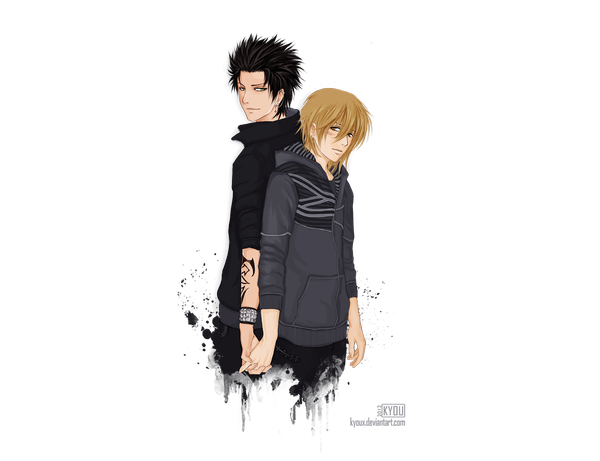 Anime picture 1300x1000 with original kyoux (artist) blush short hair black hair blonde hair standing green eyes yellow eyes multiple boys tattoo couple holding hands transparent background back to back boy jacket bracelet cape 2 boys