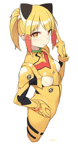 Anime picture 1904x3508 with neon genesis evangelion original gainax blonde girl (cloba) cloba single tall image looking at viewer highres short hair breasts simple background blonde hair white background yellow eyes payot ponytail middle finger girl gloves