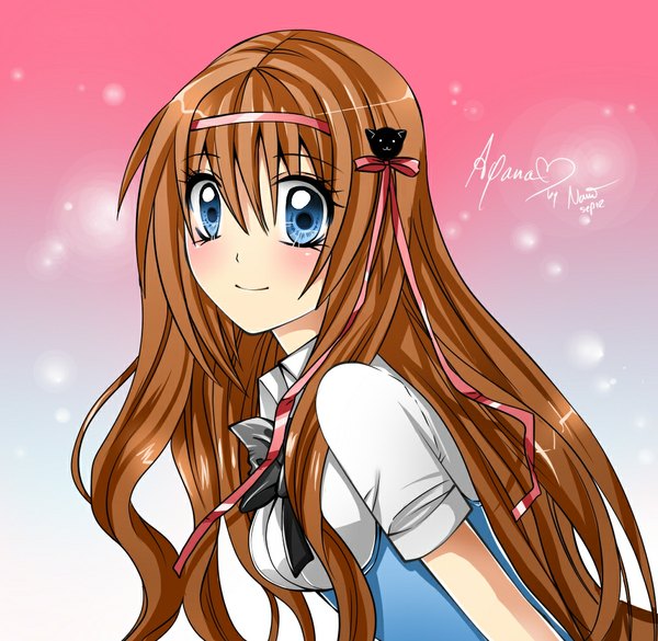 Anime picture 1024x1000 with original nami (nyaa) single long hair blush blue eyes smile brown hair girl ribbon (ribbons) hair ribbon shirt