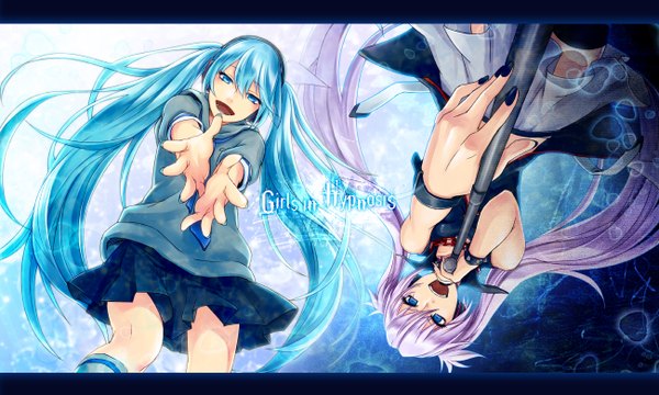 Anime picture 1300x780 with vocaloid hatsune miku megurine luka momopanda long hair open mouth blue eyes wide image twintails bare shoulders multiple girls pink hair very long hair aqua hair singing girl skirt 2 girls miniskirt microphone