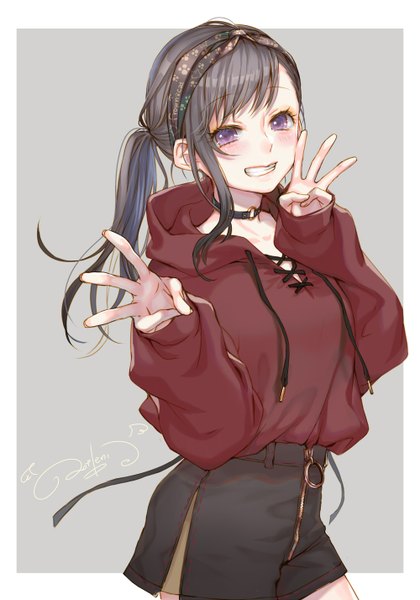 Anime picture 1000x1428 with original ao+beni single long hair tall image looking at viewer blush fringe black hair simple background smile standing purple eyes signed ponytail long sleeves grey background grin border sleeves past wrists