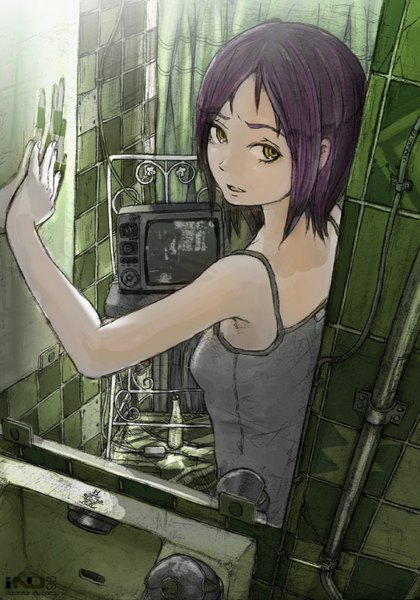 Anime picture 1005x1434 with inukoko (artist) single tall image short hair open mouth bare shoulders yellow eyes purple hair armpit (armpits) reflection girl mirror tiles television
