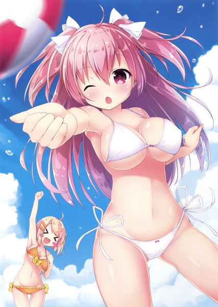 Anime picture 2494x3500 with original yaki mayu long hair tall image fringe highres short hair breasts open mouth light erotic blonde hair hair between eyes large breasts purple eyes multiple girls pink hair sky cloud (clouds) ahoge eyes closed