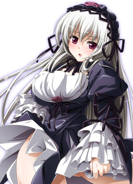 Anime picture 1000x1380 with rozen maiden suigintou gucchi single long hair tall image blush open mouth simple background red eyes white background white hair wind lift girl dress frills headdress