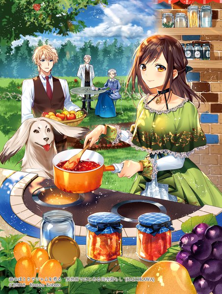 Anime picture 903x1199 with mori no hotori de jamu wo niru murakami yuichi long hair tall image looking at viewer short hair blue eyes blonde hair brown hair standing sitting multiple girls brown eyes sky silver hair cloud (clouds) outdoors official art multiple boys cooking